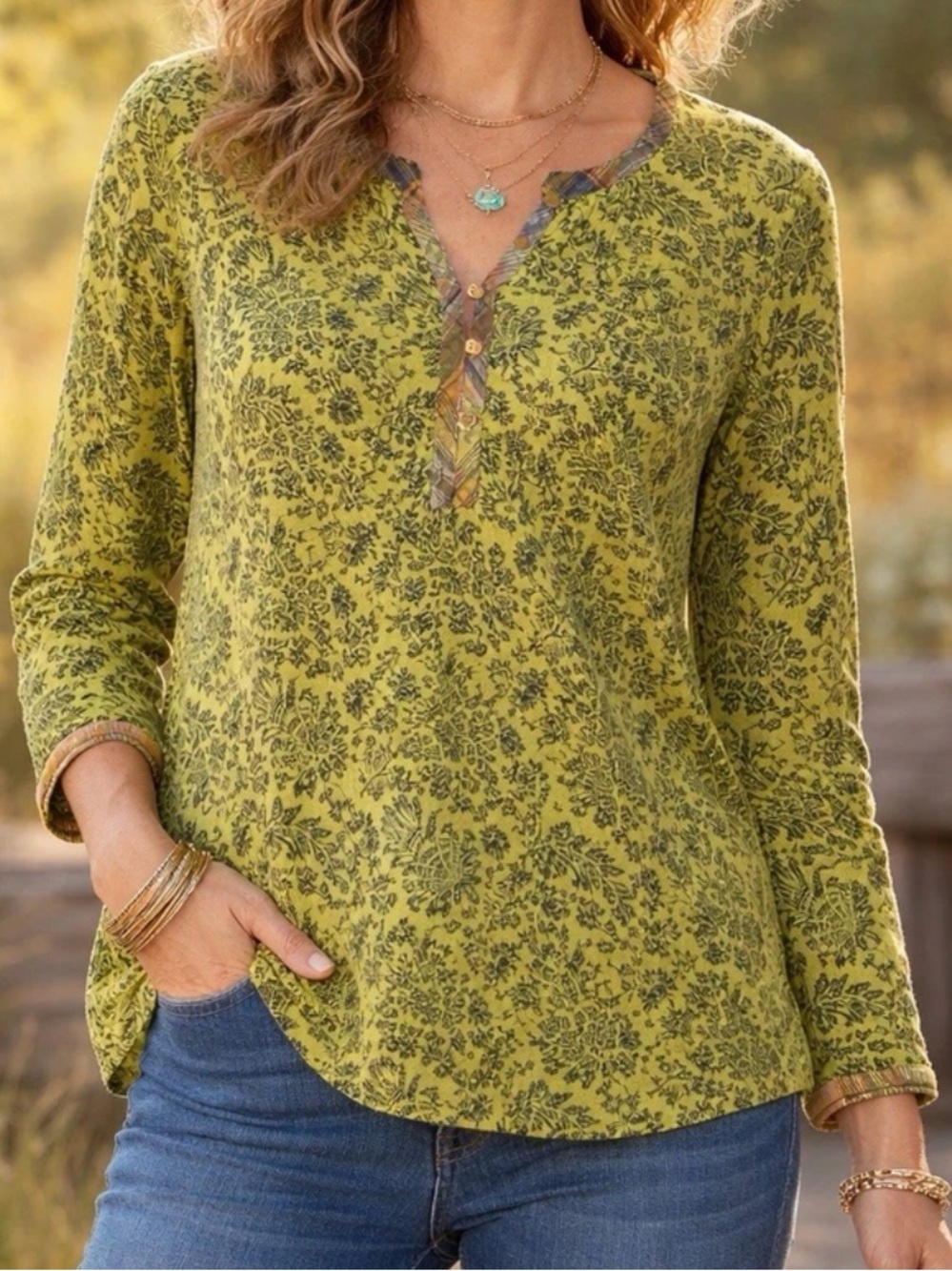 Sundance Chartreuse Green Floral
Plaid Trim Boho cotton Peasant Tunic Blouse XL